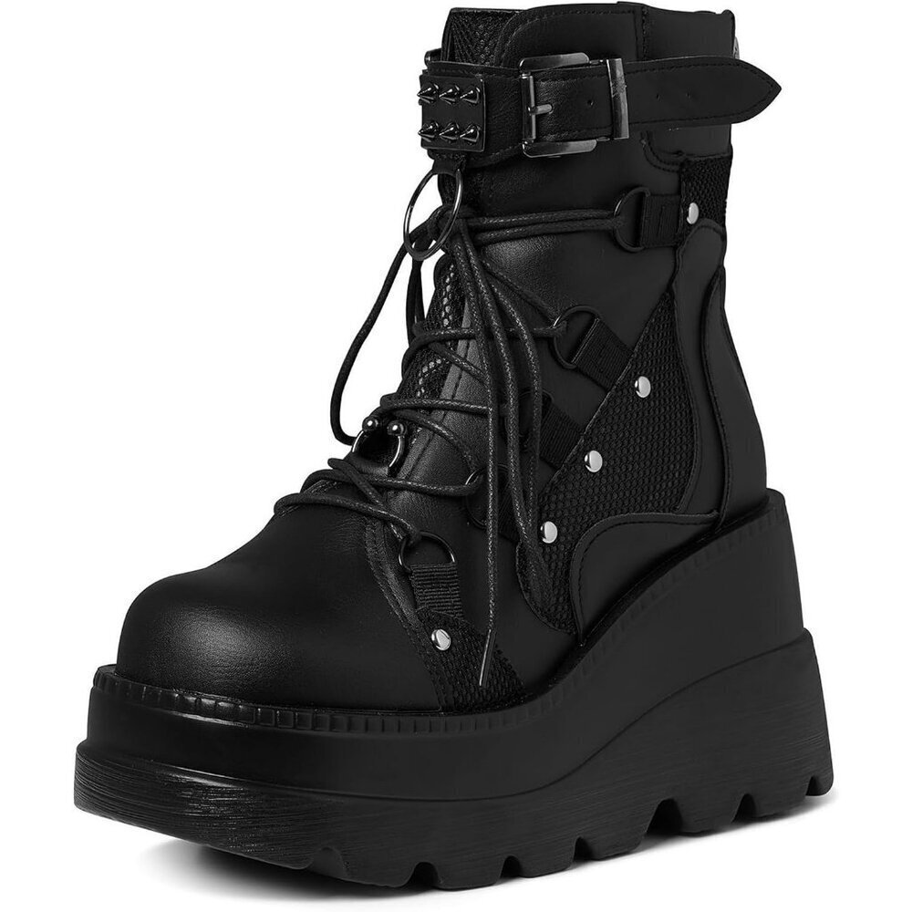 Women Synthetic Black Chunky High Heel Lace Up Motorcycle Combat Boots